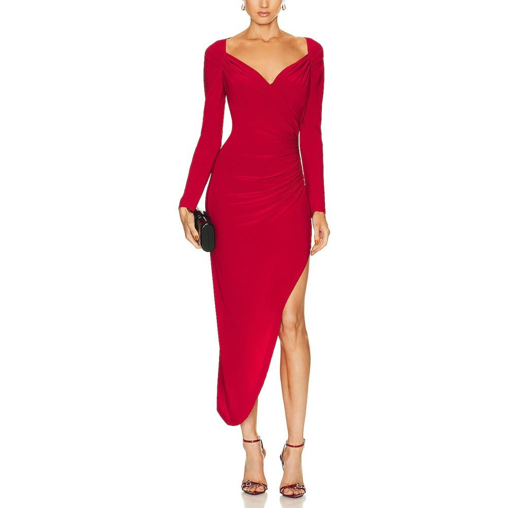 Norma Kamali Red Long Sleeve Sweetheart Side Drape Gown Size S